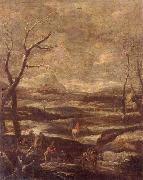 A winter landscape with woodcutters and travellers unknow artist